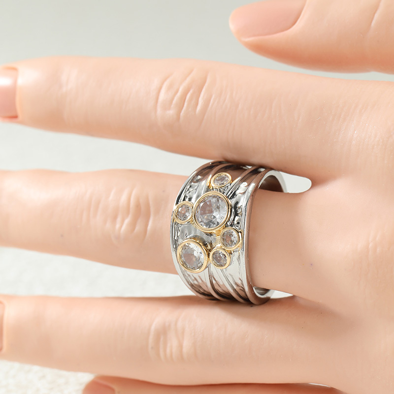 Vintage Hammered Two-Tone Wide Band Ring with Cubic Zirconia